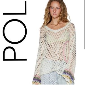 NWOT POL White Crochet Sweater with Peace Sign